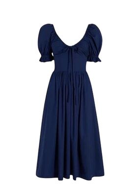 Puff-Sleeve Navy Midi Dress with Tie-Front